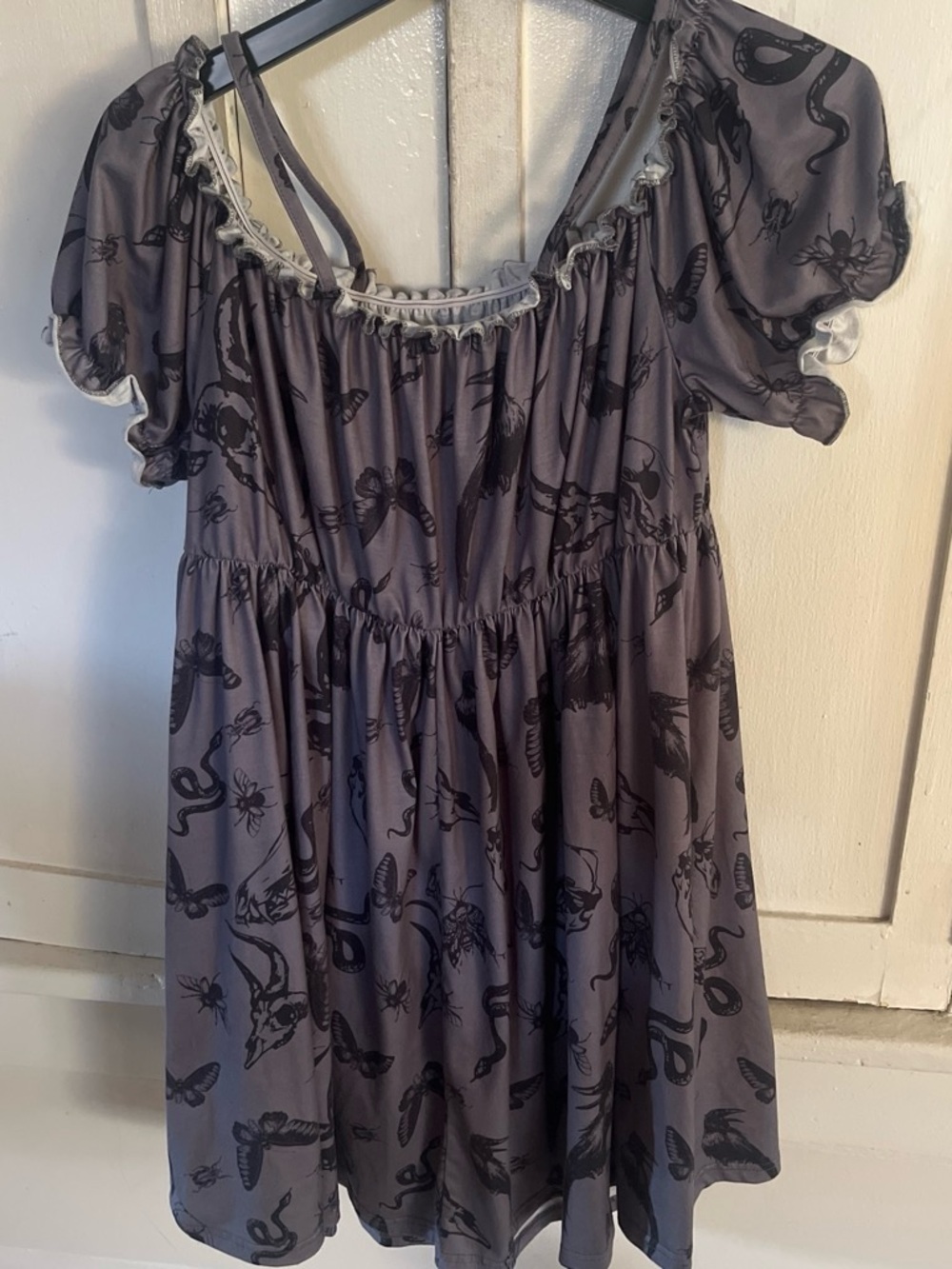 ROMWE Gray Puff-Sleeve Midi Dress with Black Nature Print